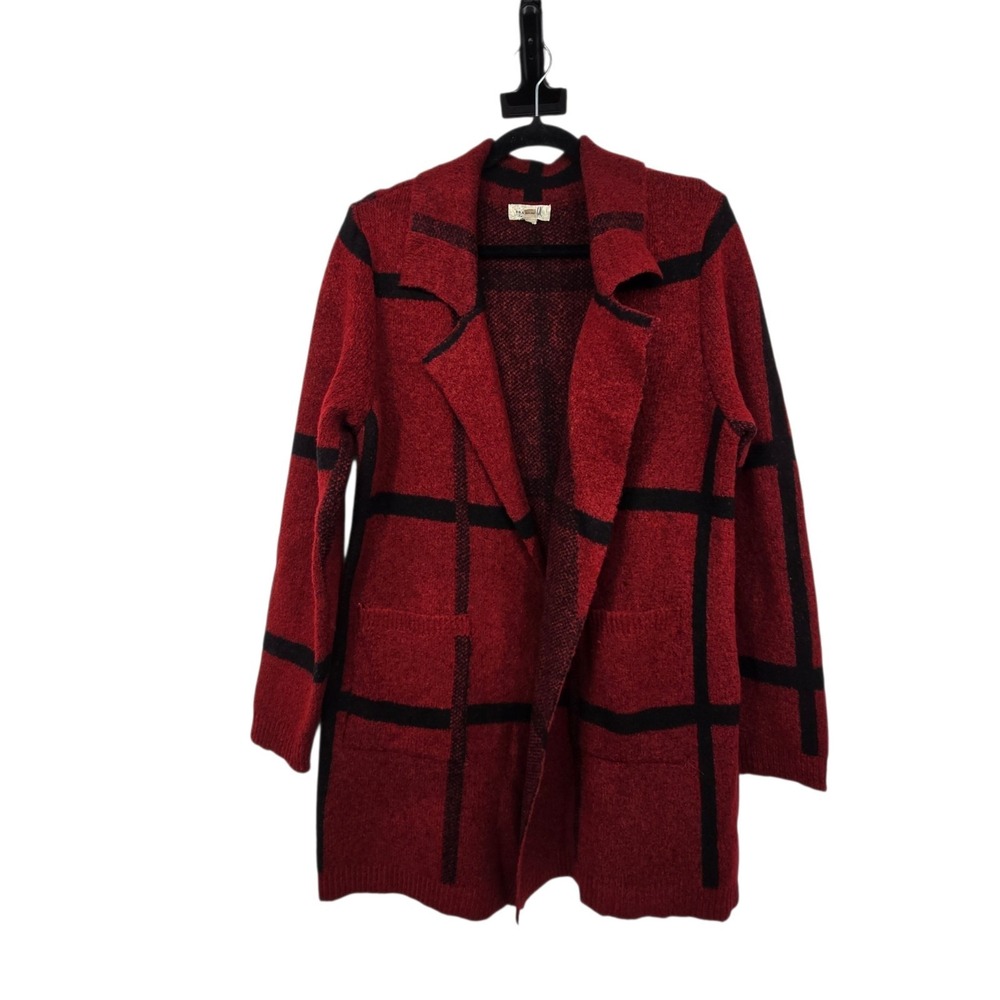 One World Plaid Thick Sweater Cardigan Womens XL Deep Red Pockets Cozy Warm